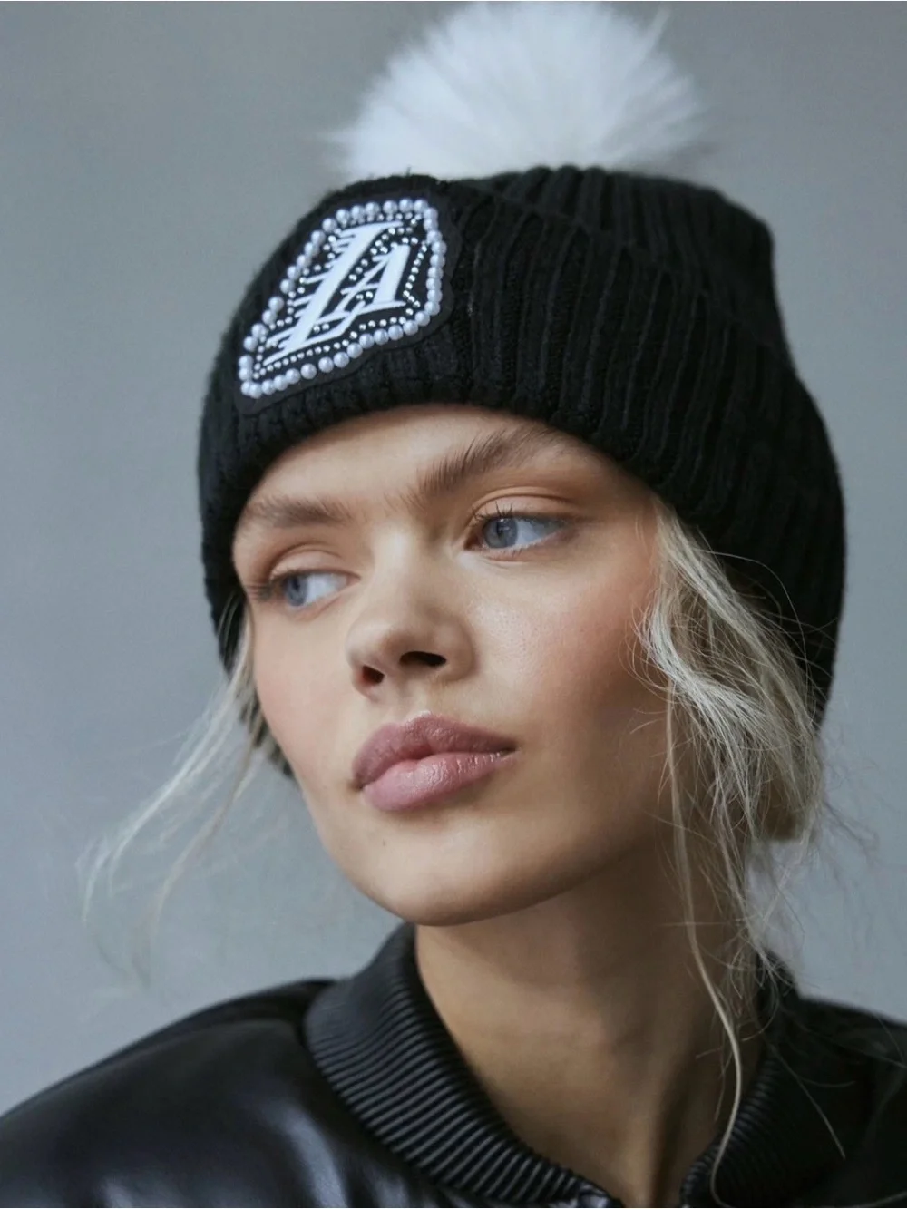 Lakers Black Knit Pom Beanie with White Pom